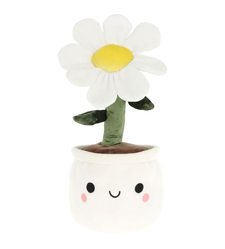 A plush toy resembling a daisy flower with a smiling face in a white pot.