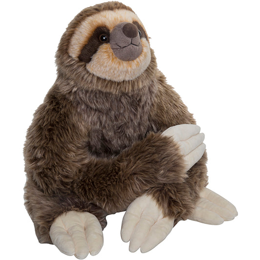 A plush toy resembling a brown sloth with white hands and feet, featuring a realistic design with plastic eyes.