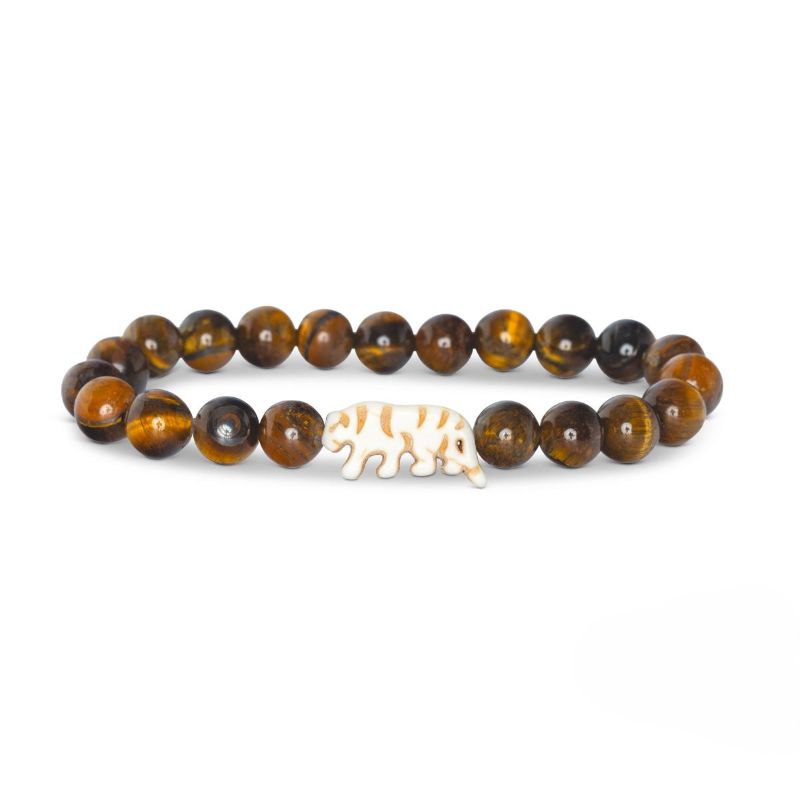 Tiger eye beaded bracelet with a tiger shaped charm on a white background