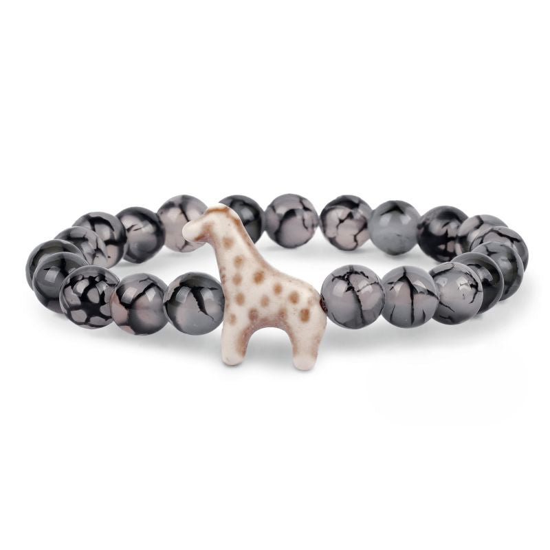 Bracelet with gray and black marbled translucent beads and a giraffe charm on a white background
