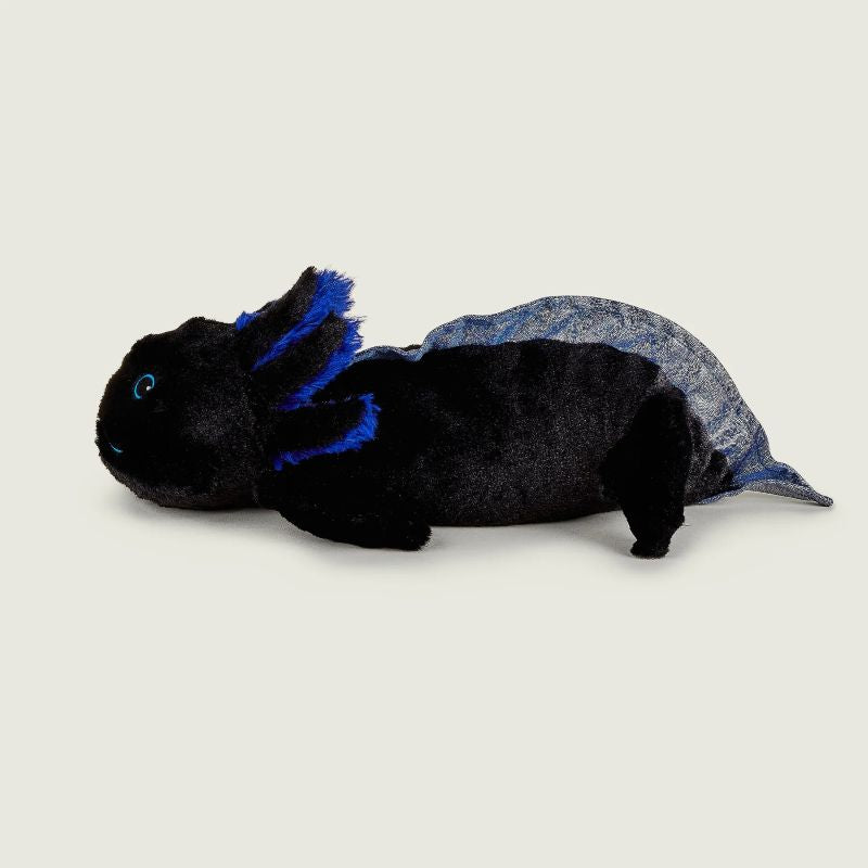 A plush toy resembling a black axolotl with blue accents, designed to be heatable and scented with lavender.