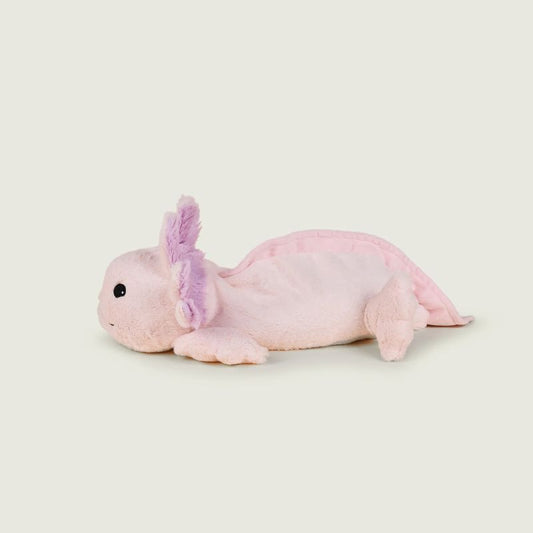 Pink and purple axolotl plush toy on a beige background heatable filled with lavender