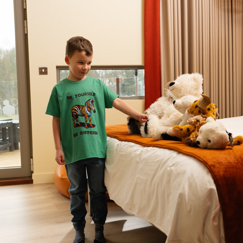 yorkshire wildlife park kids be yourself be different boy wearing tshirt with rainbow coloured giraffe