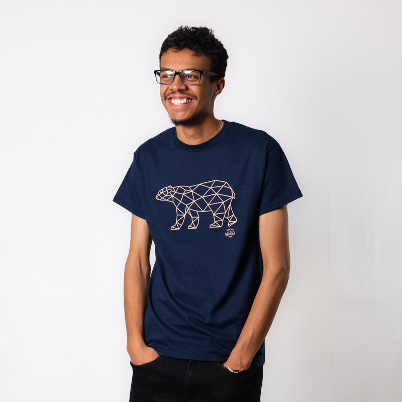 yorkshire wildlife park geometric polar bear adult tshirt blue with geometric polar bear design