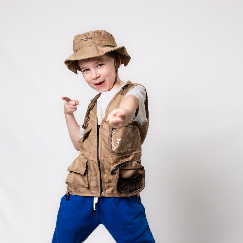 yorkshire wildlife park kids ranger outfit in beige brown with vest and safari hat