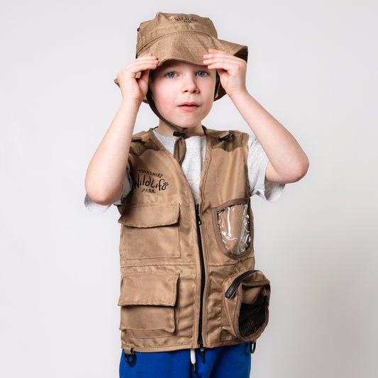 yorkshire wildlife park kids ranger outfit in beige brown with vest and safari hat