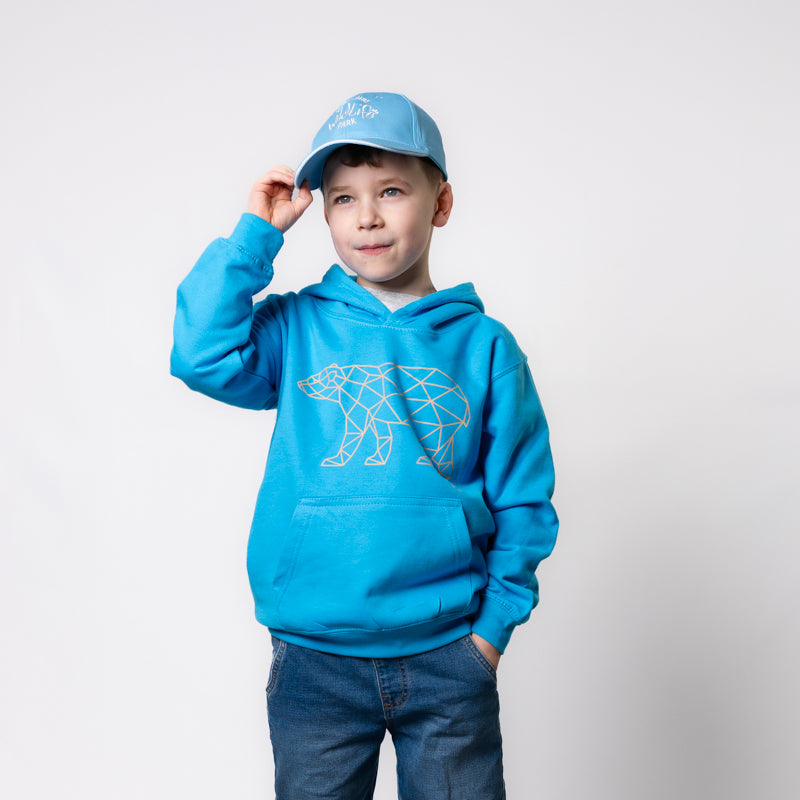 boy wearing yorkshire wildlife park geometric polar bear kids turquoise hoodie with geometric polar bear design