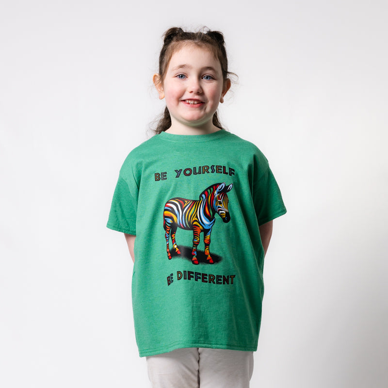 yorkshire wildlife park kids be yourself be different girl wearing green tshirt with rainbow coloured giraffe