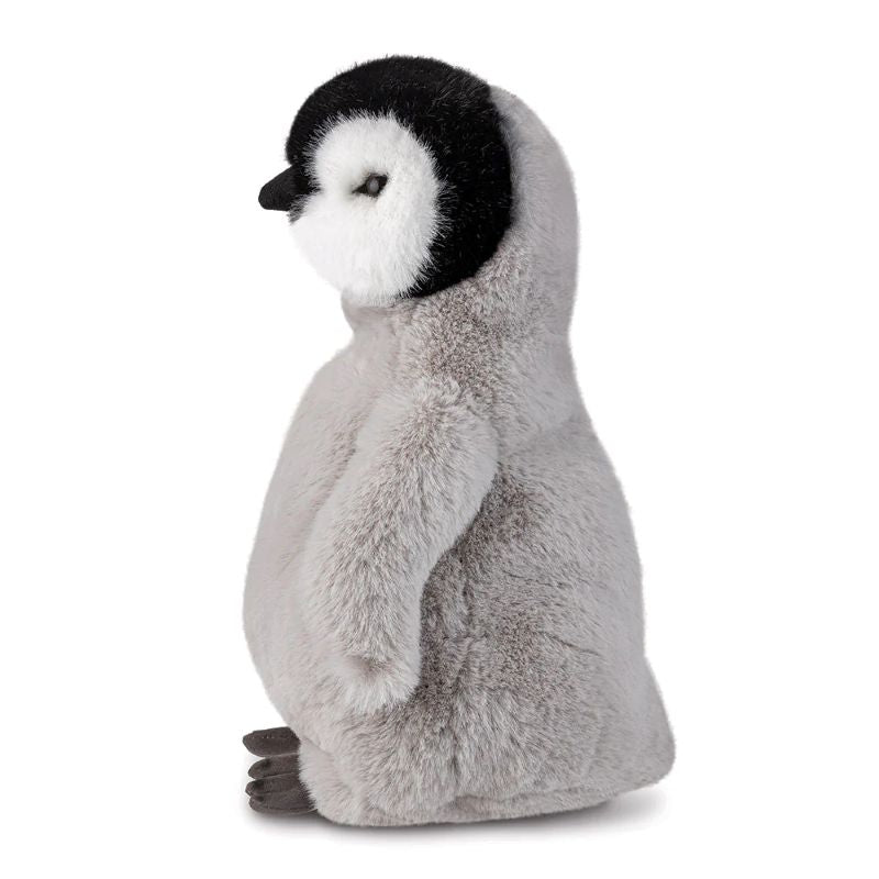 Plush toy penguin with black head and gray body on a white background
