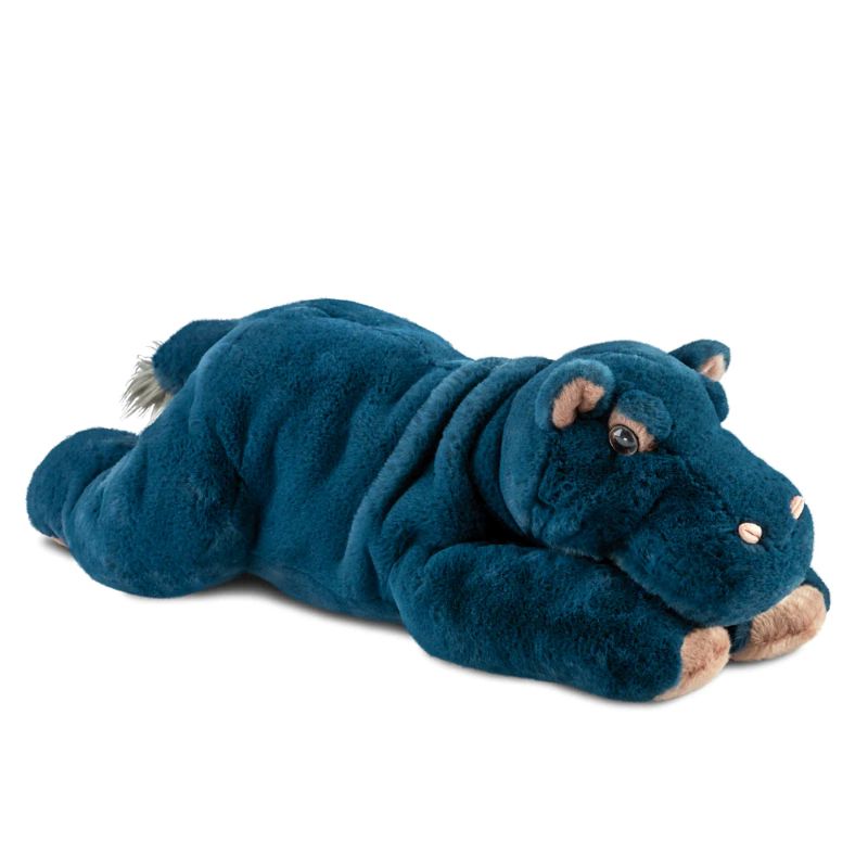 Blue hippo plush toy on a white background
