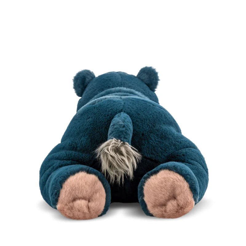 Blue green hippo plush toy with pink paws on a white background 