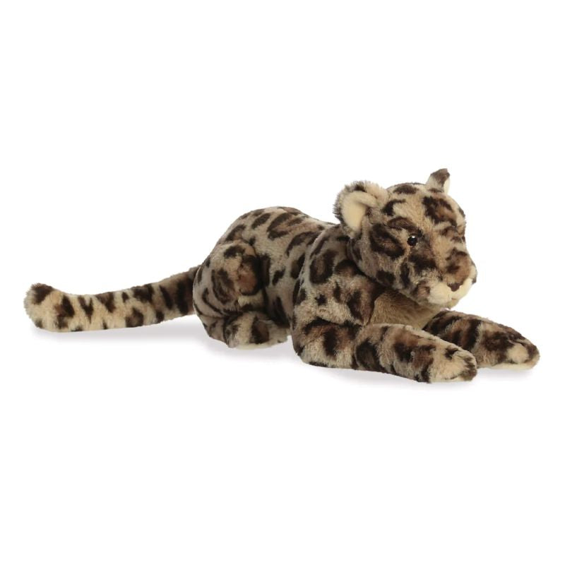 Plush toy jaguar lying down on a white background