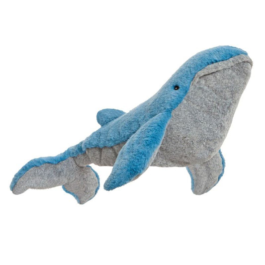 Plush toy whale with blue and grey body on a white background