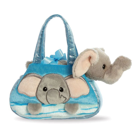 Blue plush handbag with an elephant design on a white background