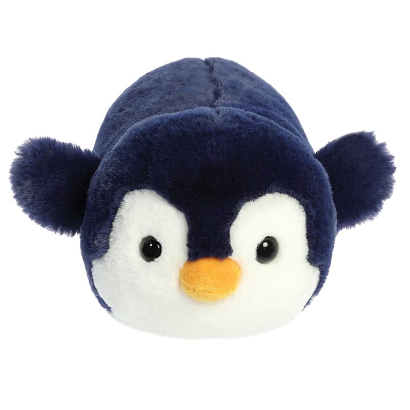 Plush penguin toy with navy blue and white coat  on a white background
