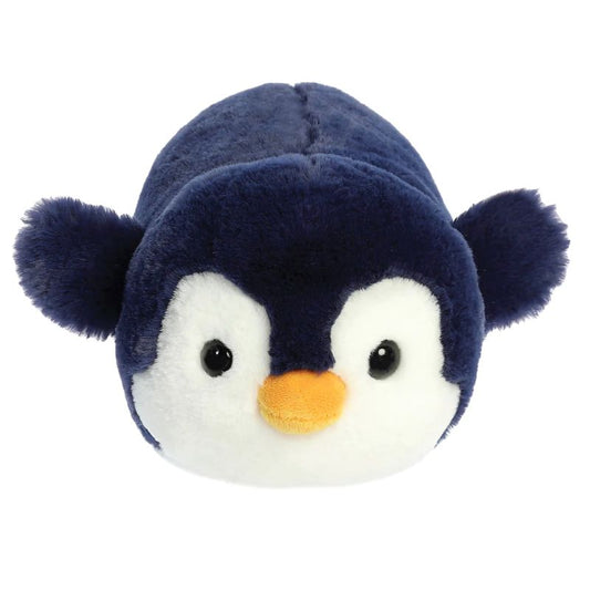 Plush penguin toy with navy blue and white coat  on a white background