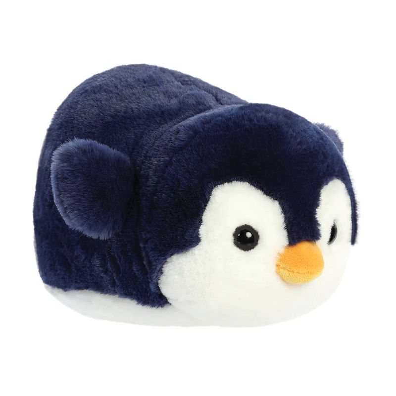 Plush penguin with navy blue and white body on a white background