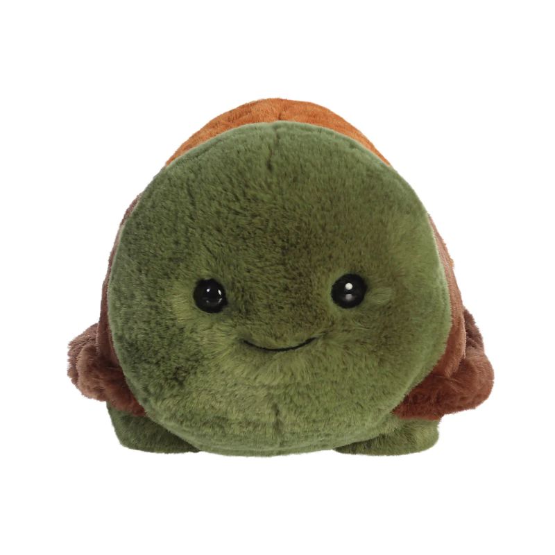 Plush toy resembling a turtle with a green shell and brown body on a white background