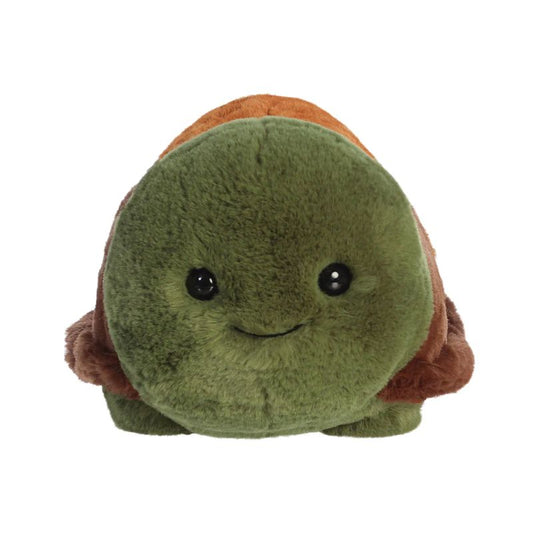 Plush toy resembling a turtle with a green shell and brown body on a white background