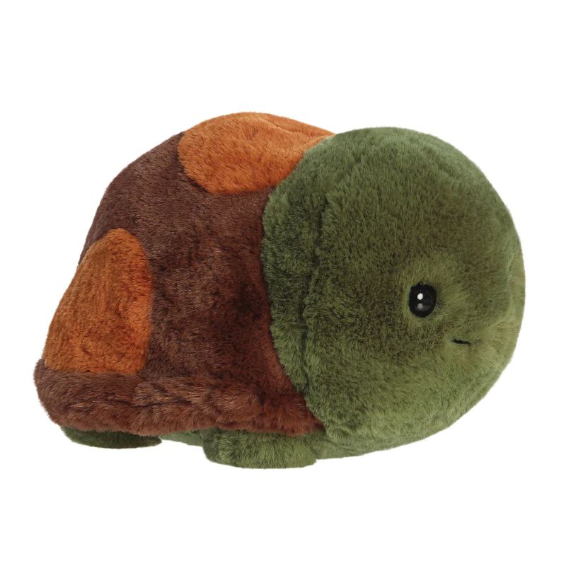 Plush turtle toy with brown and green shell on a white background