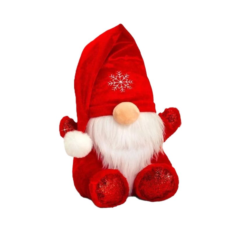 Red gnome figurine with a white beard and snowflake design on a white background