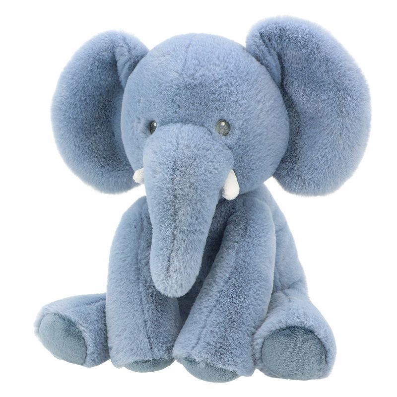 A soft blue elephant plush toy with a gentle expression, designed for babies.