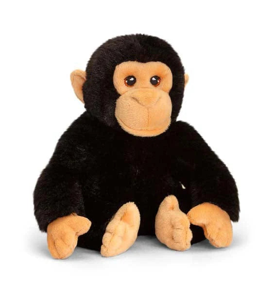 Plush monkey toy with black fur and tan face on a white background
