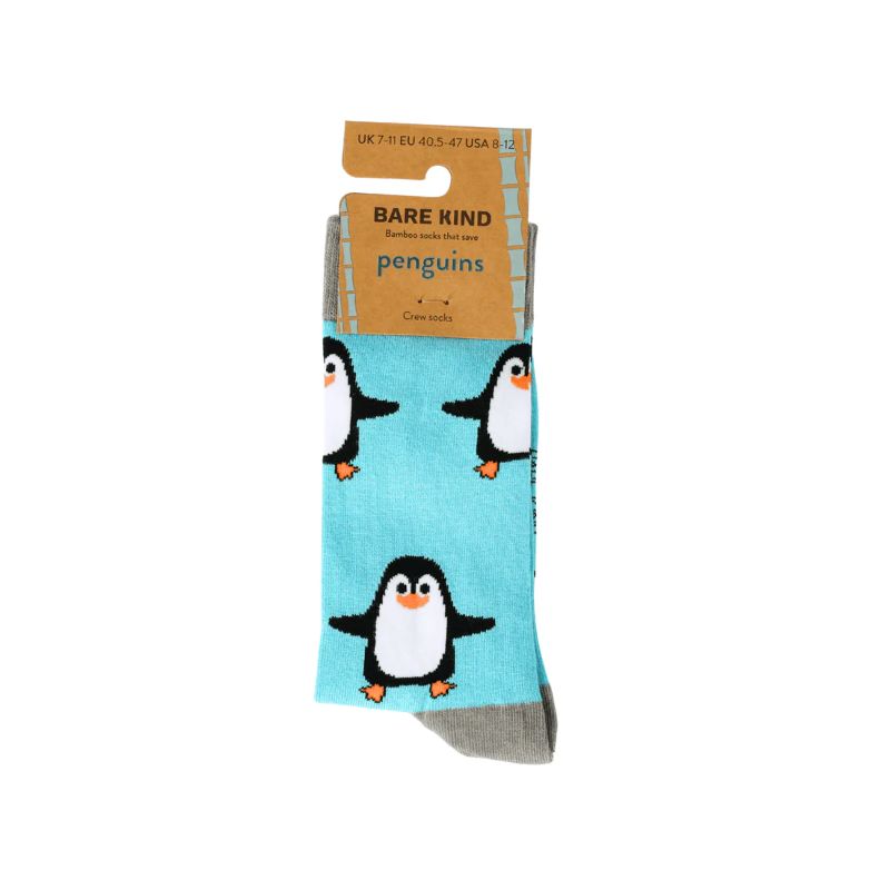 Pair of penguin-themed socks with a 'Bare Kind' label on a white background