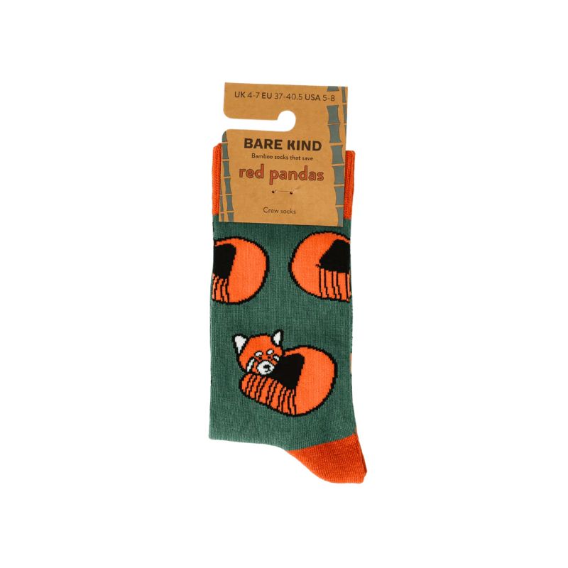 Green sock with red panda design and 'Bare Kind' packaging on a white background