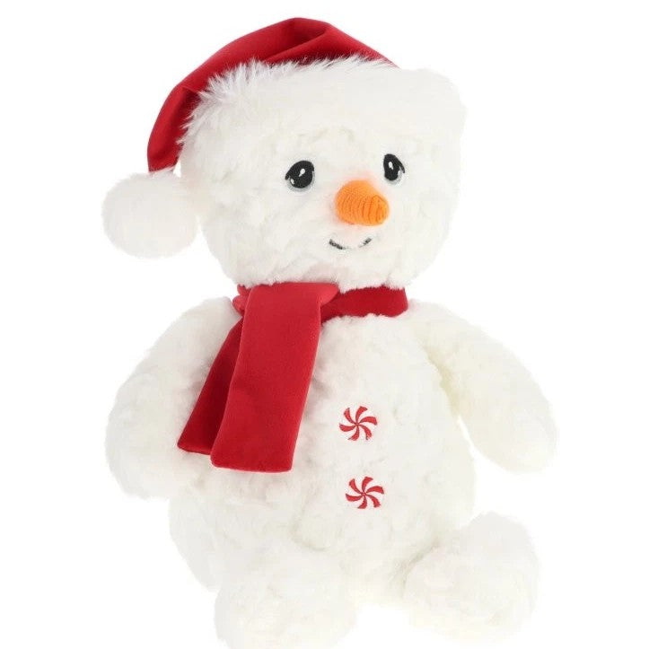 Plush snowman toy with a red hat and scarf on a white background