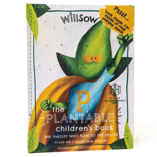 Plantable children's book packaging with a cartoon parsley character by willsow on a white background