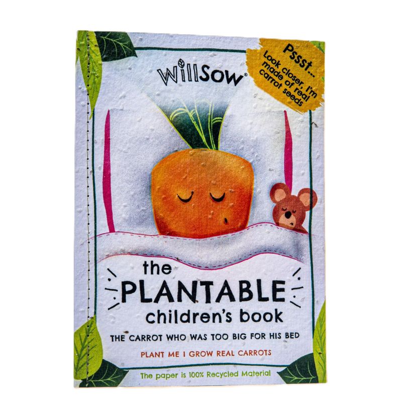 Book cover of 'The Plantable Children's Book' featuring a carrot and a bear.